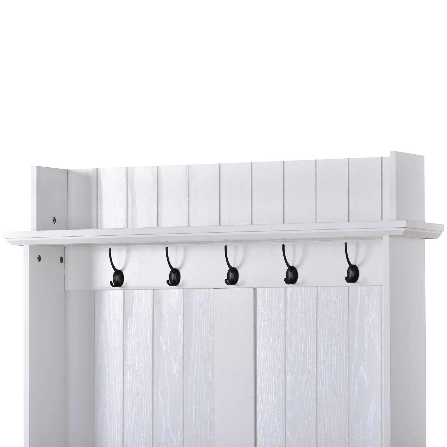 Vintage Style 38.5" Wide Hallway Coat Rack with 5 Metal Hooks and 2 Large Drawers Hall Tree, Metal drawer Handles Entryway Bench Coat Hanger, White
