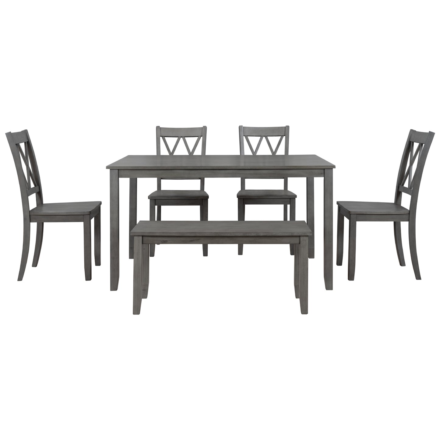 6-piece Wooden Kitchen Table set, Farmhouse Rustic Dining Table set with Cross Back 4 Chairs and Bench, Antique Graywash
