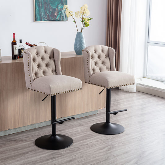 Swivel Bar Stools Chair Set of 2 Modern Adjustable Counter Height Bar Stools, Linen Upholstered Stool with Tufted Wing Back for Kitchen, Black Metal Base, Cream