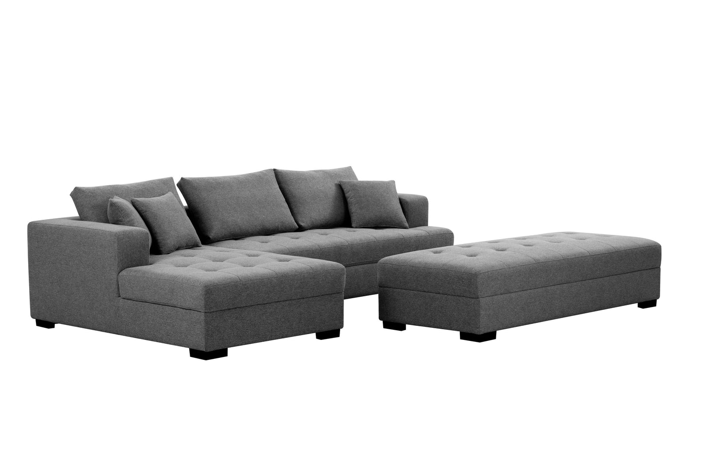 111" Tufted Fabric 3-Seat L-Shape Sectional Sofa Couch Set w/Chaise Lounge, Ottoman Coffee Table Bench, Dark Grey