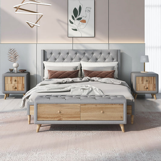 4-Pieces Bedroom Sets Queen Size Upholstered Platform Bed with Two Nightstands and Storage Bench-Gray