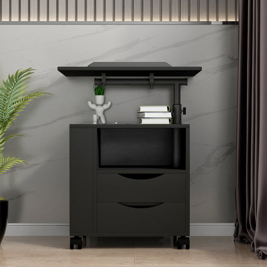 Height Adjustable Overbed End Table Wooden Nightstand with Swivel Top, Drawers, Wheels and Open Shelf, Black