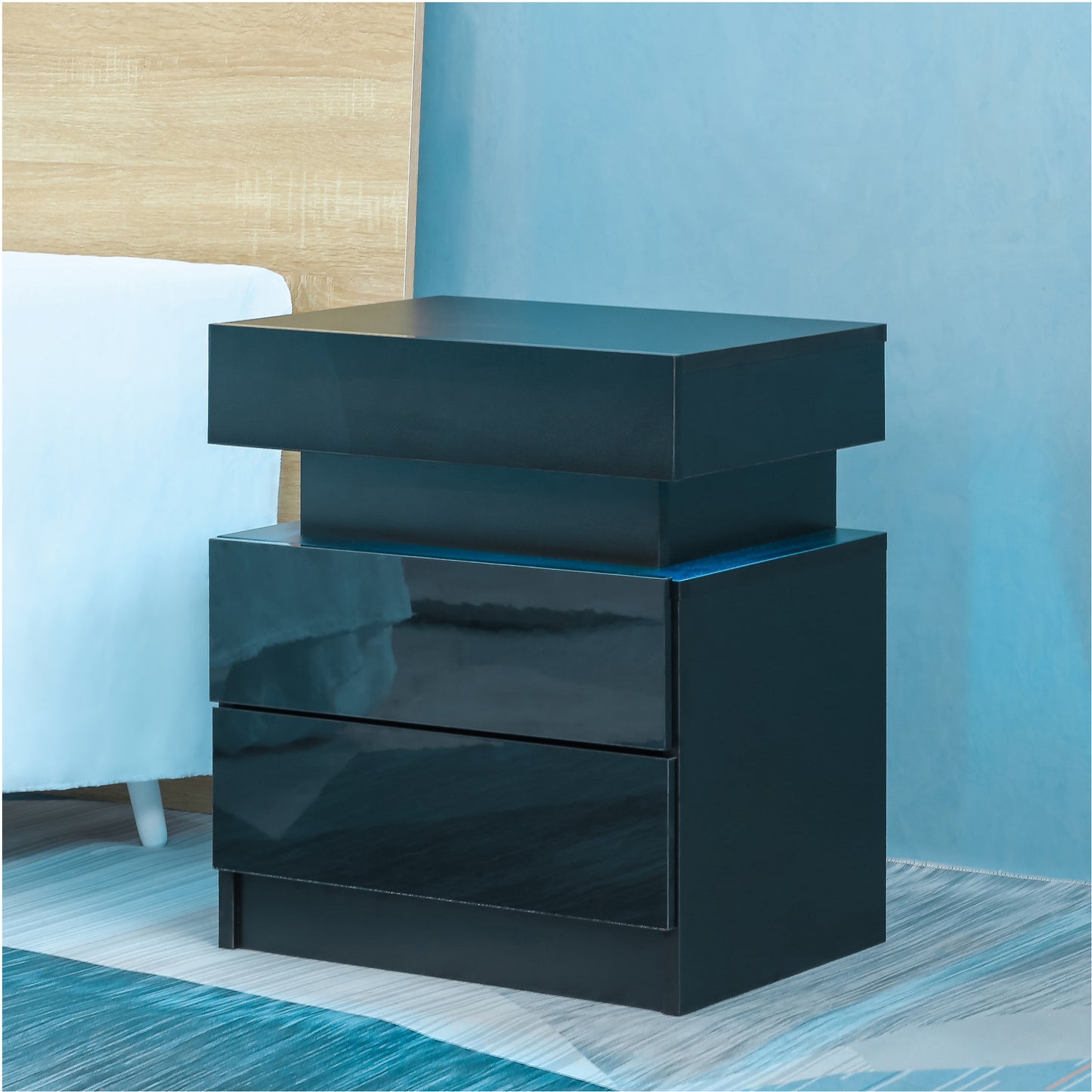 LED Nightstand Modern Black Nightstand with Led Lights Wood Led Bedside Table Nightstand with 2 High Gloss Drawers for Bedroom