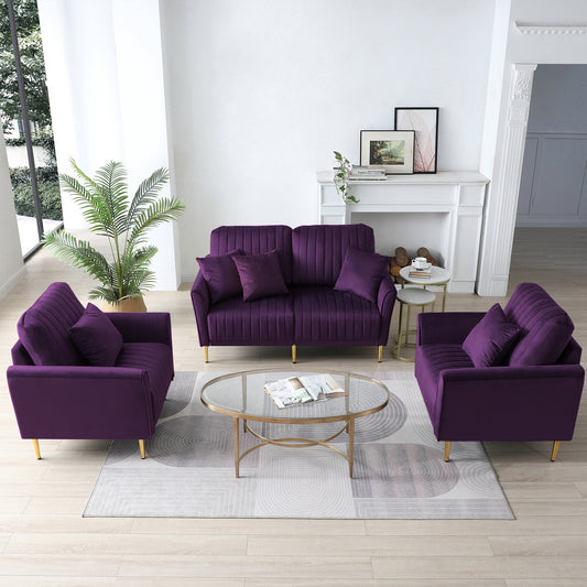 Mid Century Purple Velvet Modern Sectional Sofa Couch Set for Living Room, 2 Pieces Fabric Arm Chair and 1 Piece 2 - Seater  Loveseat For Living Room