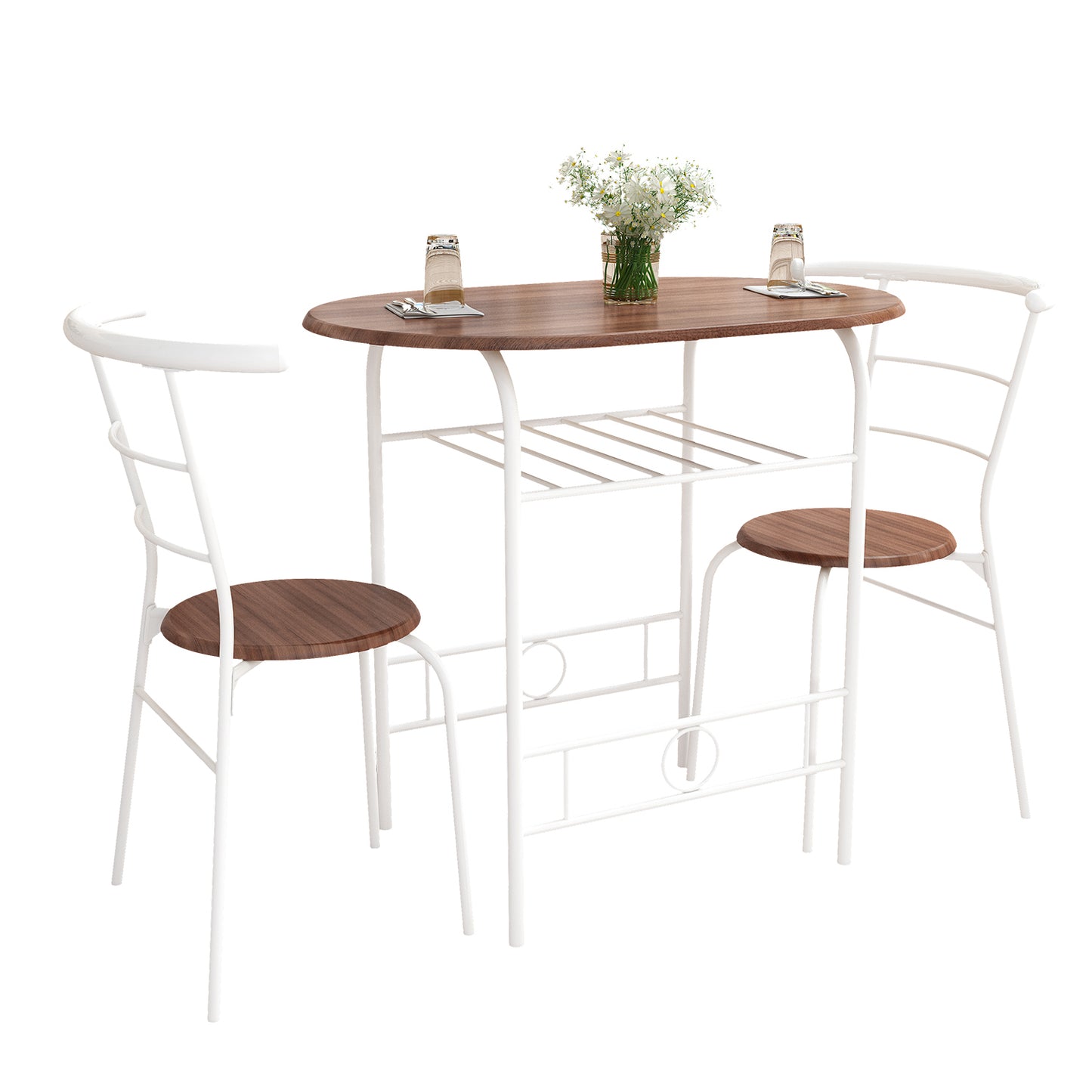 Space Saving Table Set Round Bistro Table Set Kitchen Rack Table and Wooden Chairs for Small Spaces Outdoor bar Table and Chairs Set, Brown & White, one set of three pcs, Dark Brown