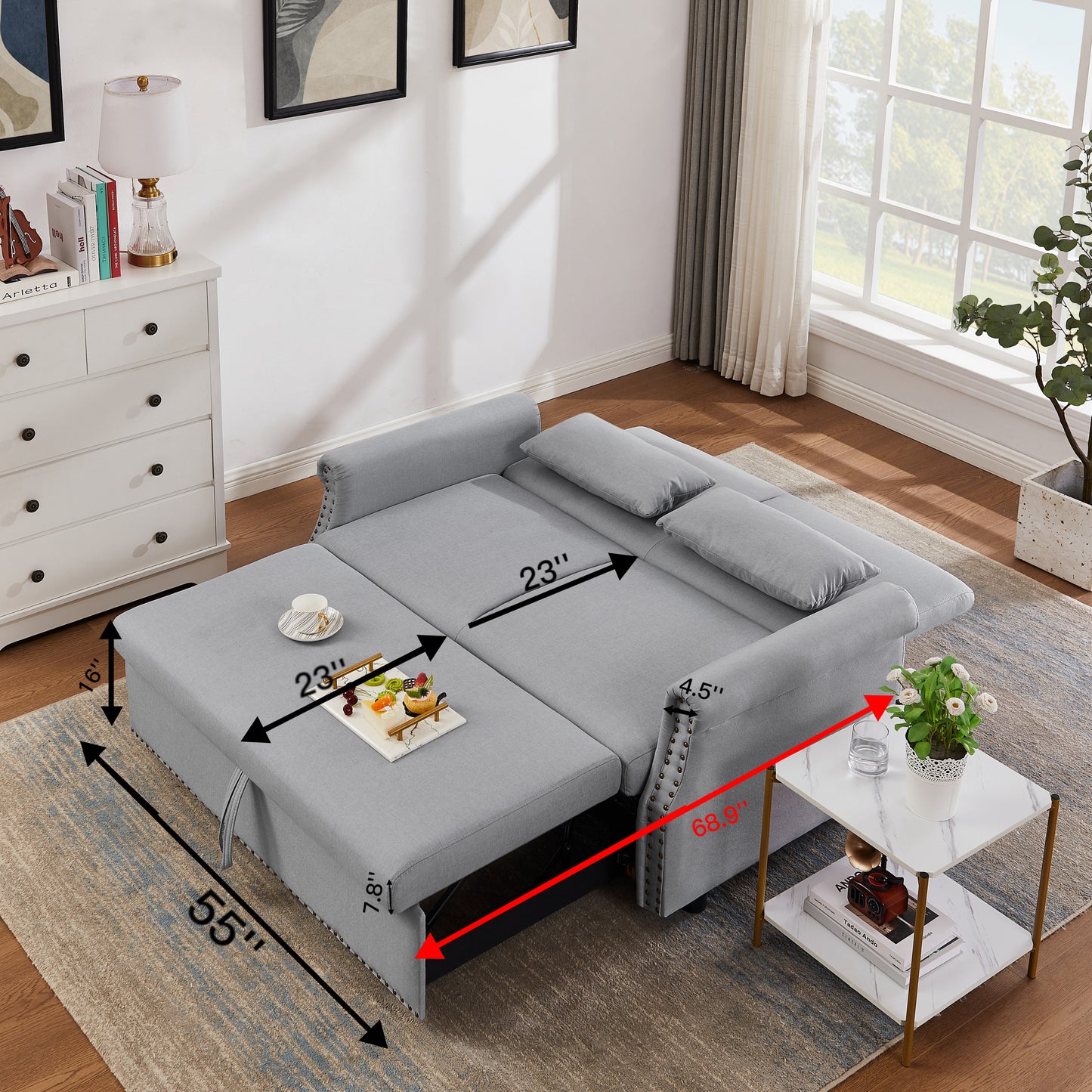 modern 55" Pull Out Sleep Sofa Bed 2 Seater Loveseats Sofa Couch with Adjustable Backrest and Lumbar Pillows for Apartment Office Living Room