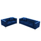 2 Piece Modern Velvet Living Room Set with Sofa and Loveseat, Jeweled Button Tufted Copper Nails Square Arms, 4 Pillows Included, Blue