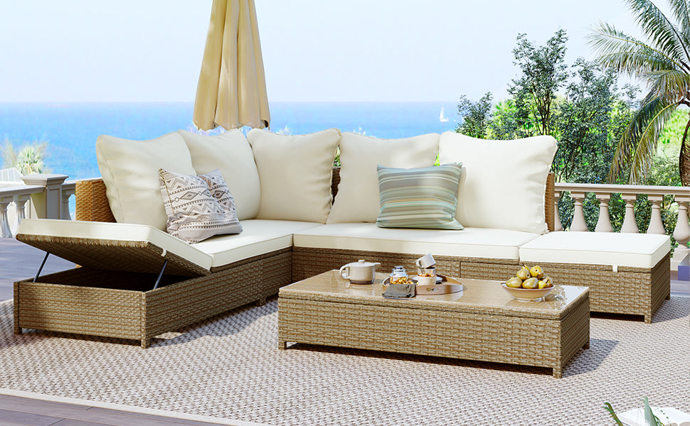 Patio 3-Piece Rattan Sofa Set All Weather PE Wicker Sectional Set with Adjustable Chaise Lounge Frame and Tempered Glass Table, Natural Brown+ Beige Cushion