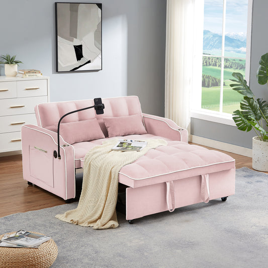 1 versatile foldable sofa bed in 3 lengths, modern sofa sofa sofa velvet pull-out bed, adjustable back and with USB port and ashtray and swivel phone stand (pink)