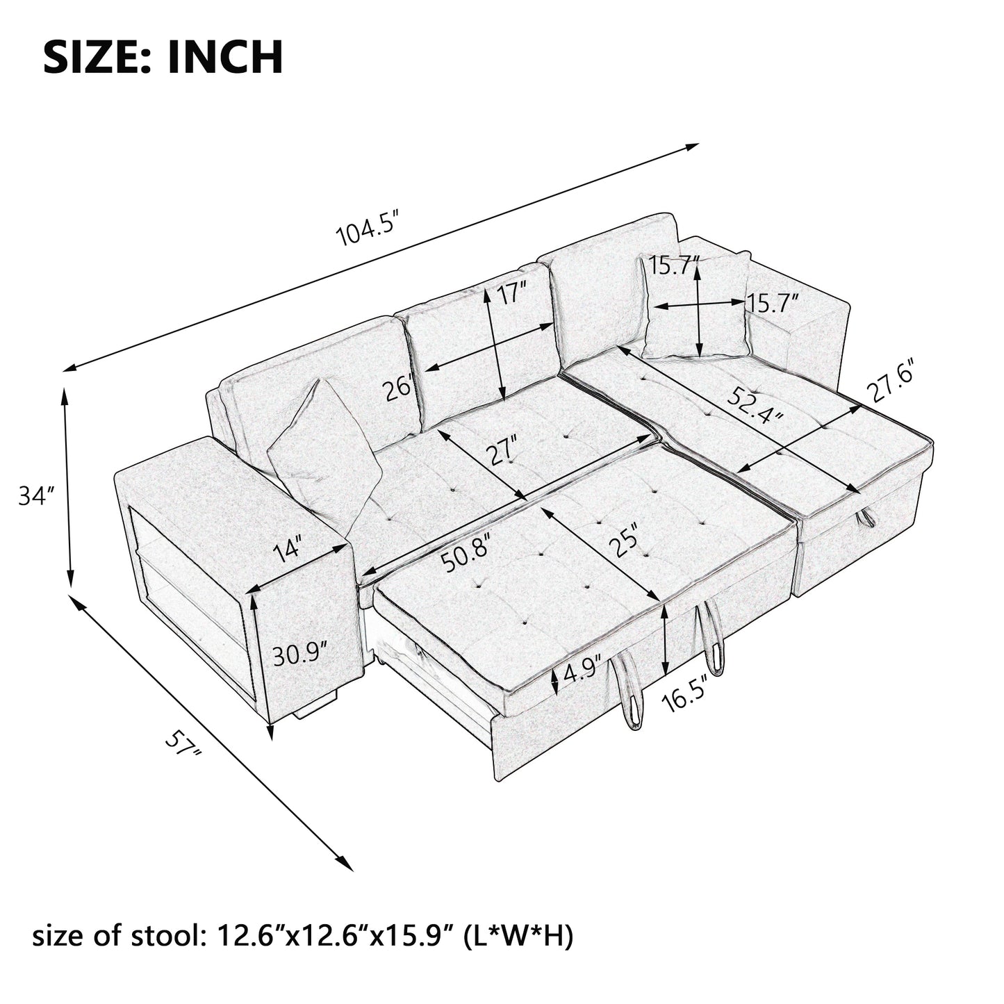 104" Modern L-Shape 3 Seat Reversible Sectional Couch, Pull Out Sleeper Sofa with Storage Chaise and 2 Stools for Living Room Furniture Set, Knox Charcoal