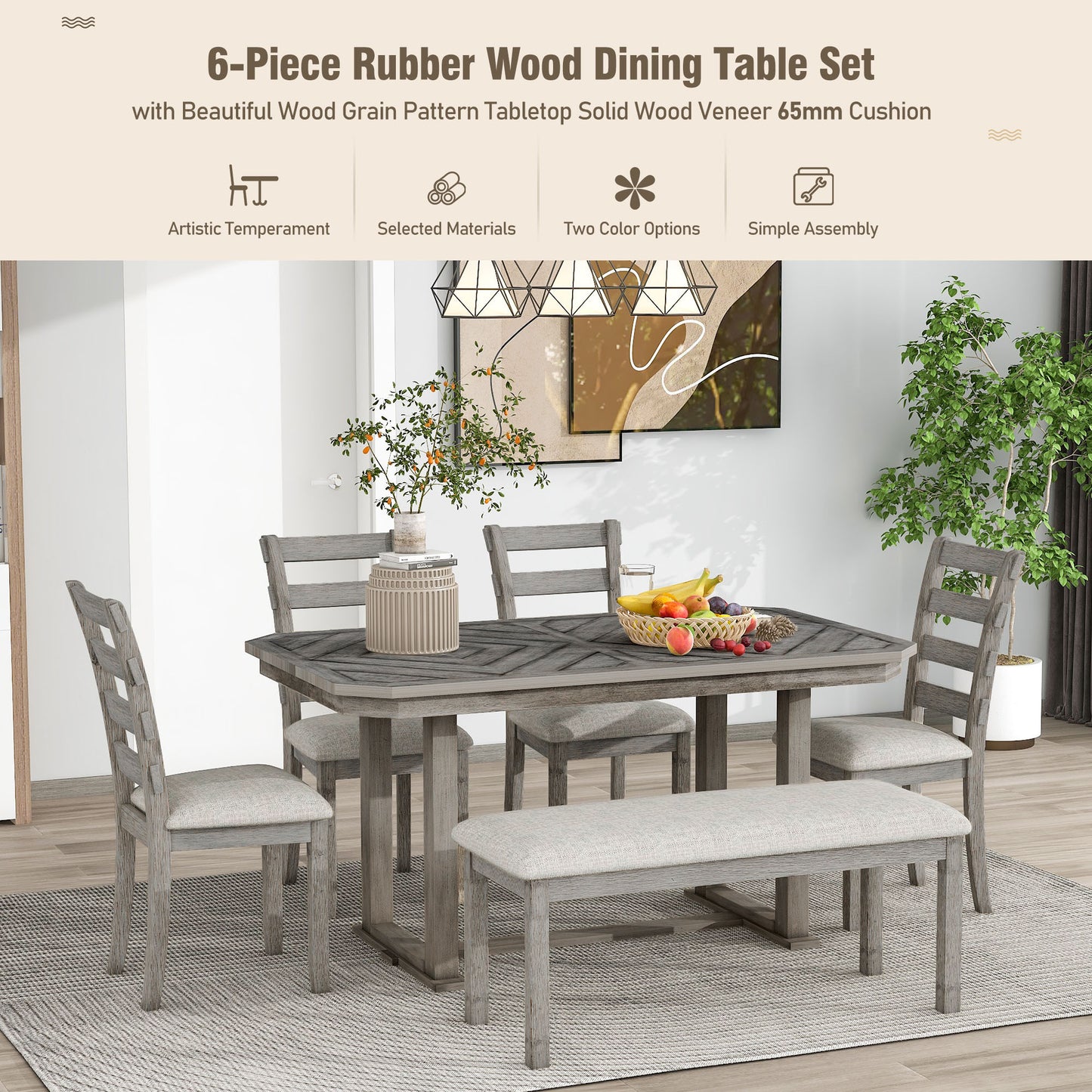 6-Piece Rubber Wood Dining Table Set with Beautiful Wood Grain Pattern Tabletop Solid Wood Veneer and Soft Cushion (Gray)