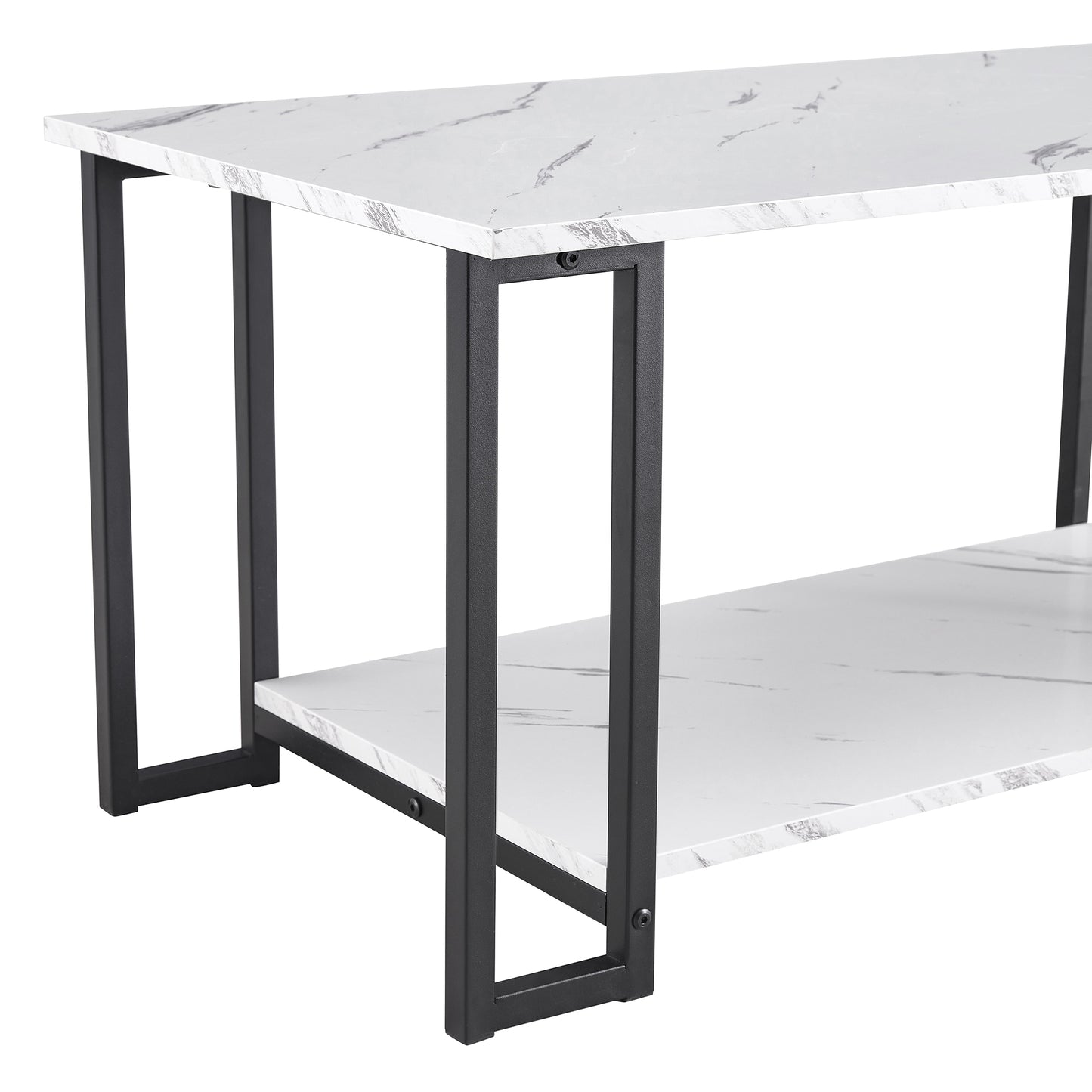 Coffee Table, 2 Layers 1.5cm Thick Marble MDF Rectangle 39.37" L Tabletop Iron Coffee Table, Dining Room, Coffee Shop, Resterant, White Top, Black Leg