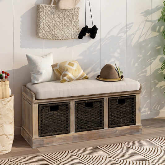 Rustic Storage Bench with 3 Removable Classic Rattan Basket, Entryway Bench with Removable Cushion (White Washed)