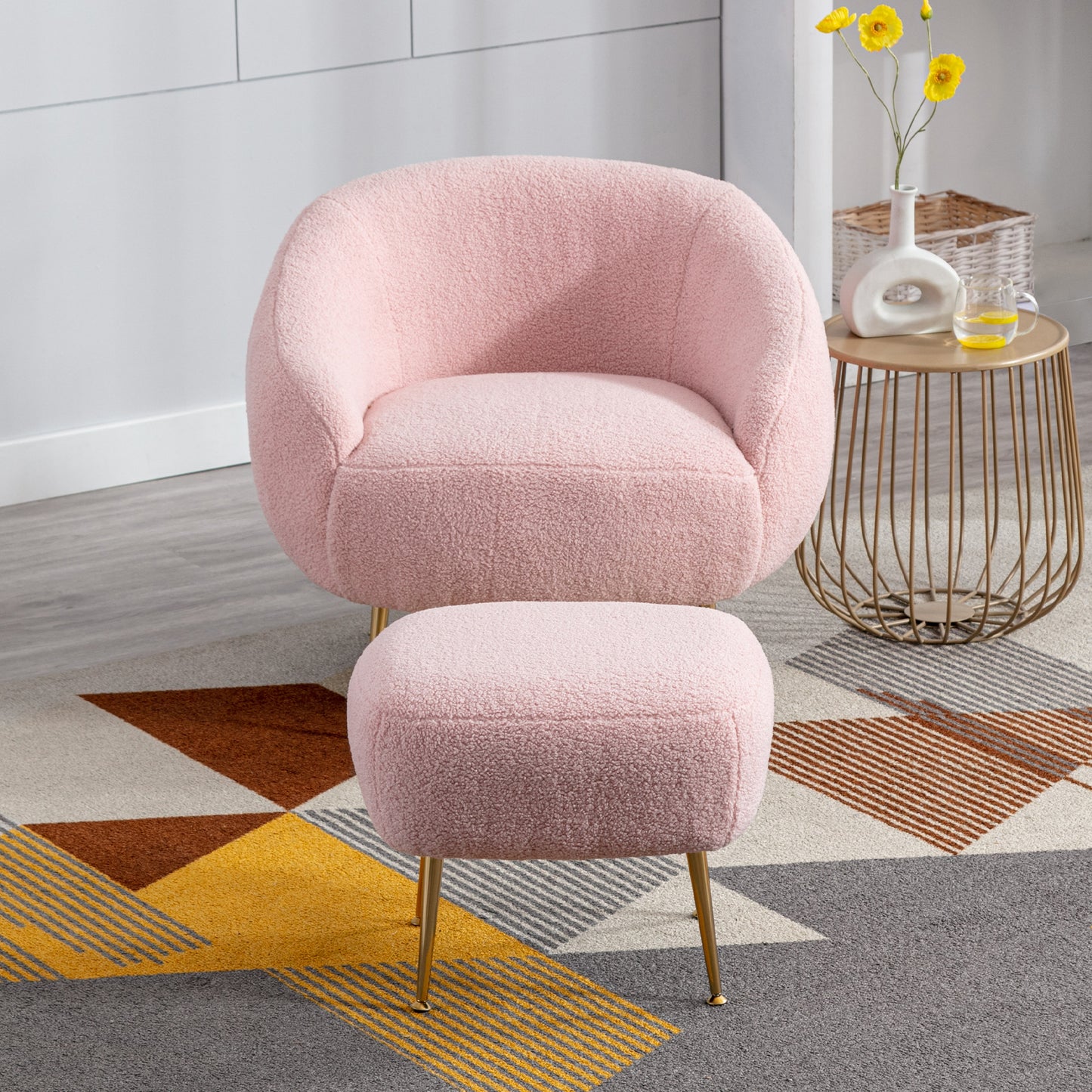 Modern Comfy Leisure Accent Chair, Teddy Short Plush Particle Velvet Armchair with Ottoman for Living Room