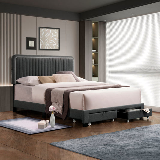 QUEEN SIZE UPHOLSTERED BED WITH ADJUSTABLE HEIGHT / MATTRESS 10 TO 14 INCHES / LED DESIGN WITH FOOTBOARD DRAWERS STORAGE / NO BOX SPRING REQUIRED DARK GRAY
