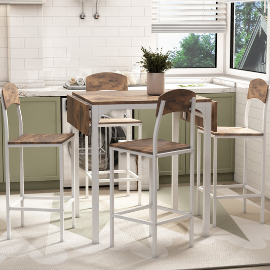 Farmhouse 5-piece Counter Height Drop Leaf Dining Table Set with Dining Chairs for 4, White Frame+ Rustic Brown Tabletop