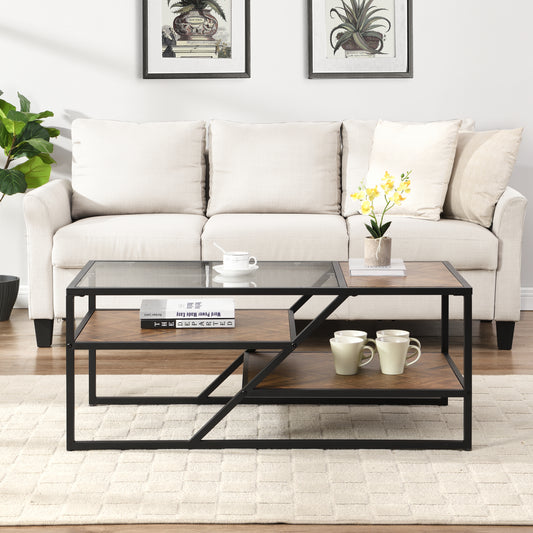 Black Coffee Table with Storage Shelf, Tempered Glass Coffee Table with Metal Frame for Living Room&Bedroom
