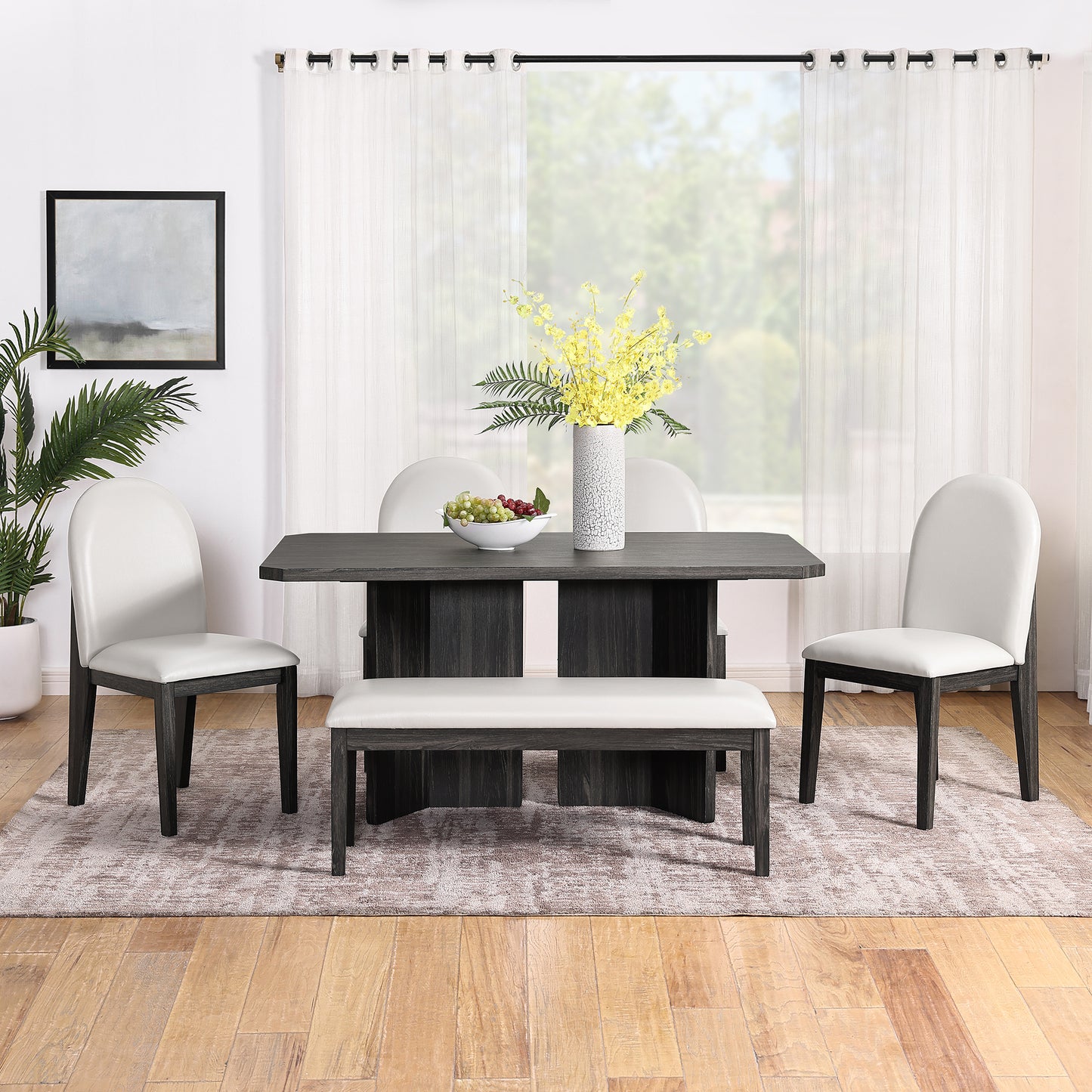 Modern 6 piece dinner set including dining table, dining chairs, 4 chairs and a bench, 60 inch dining table easy to assemble