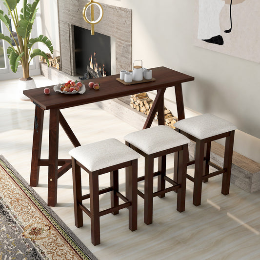 Multipurpose Home Kitchen Dining Bar Table Set with 3 Upholstered Stools (Dark Walnut)