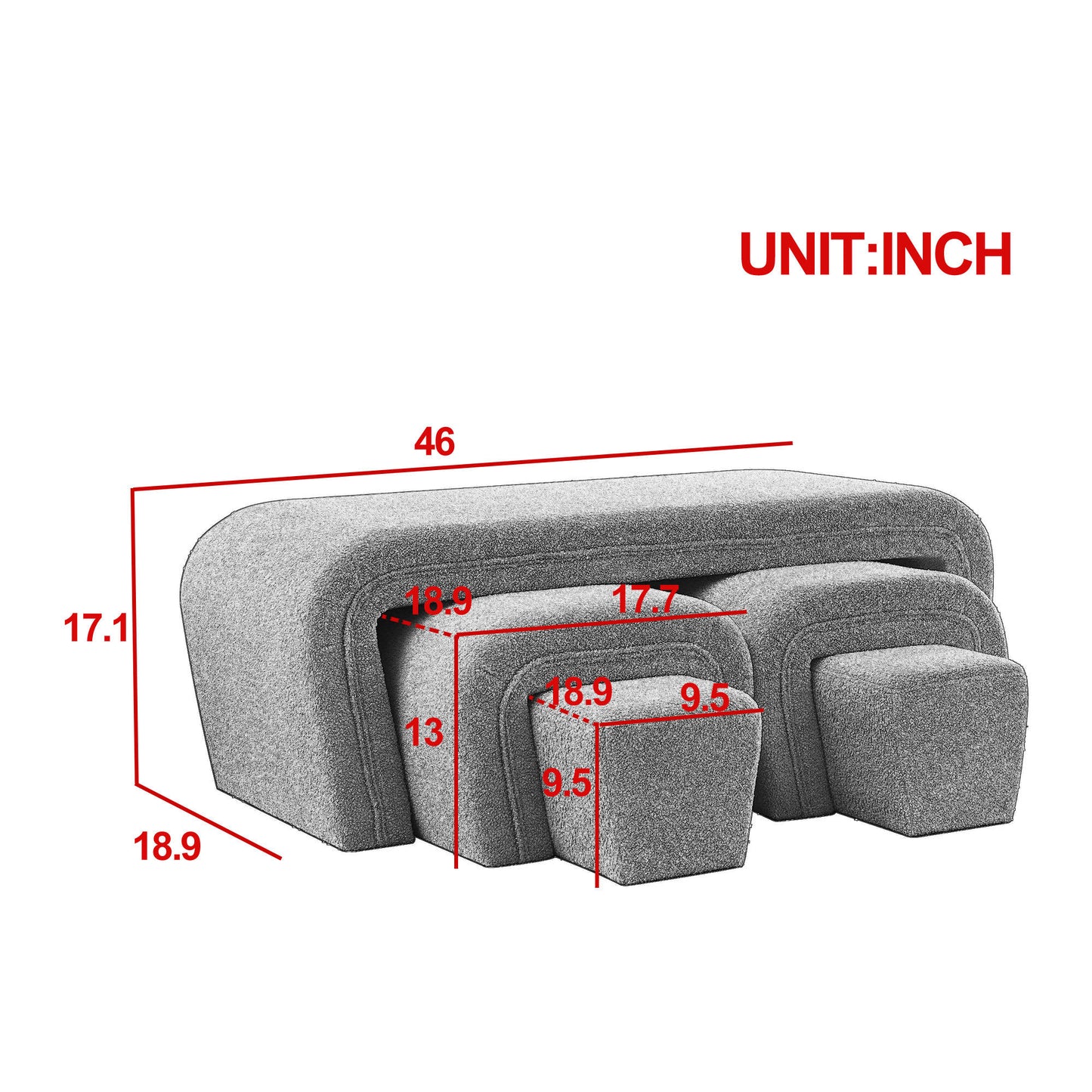 46" W Modern Contemporary Upholstered Nesting Bench, including Four nesting benches, Velvet