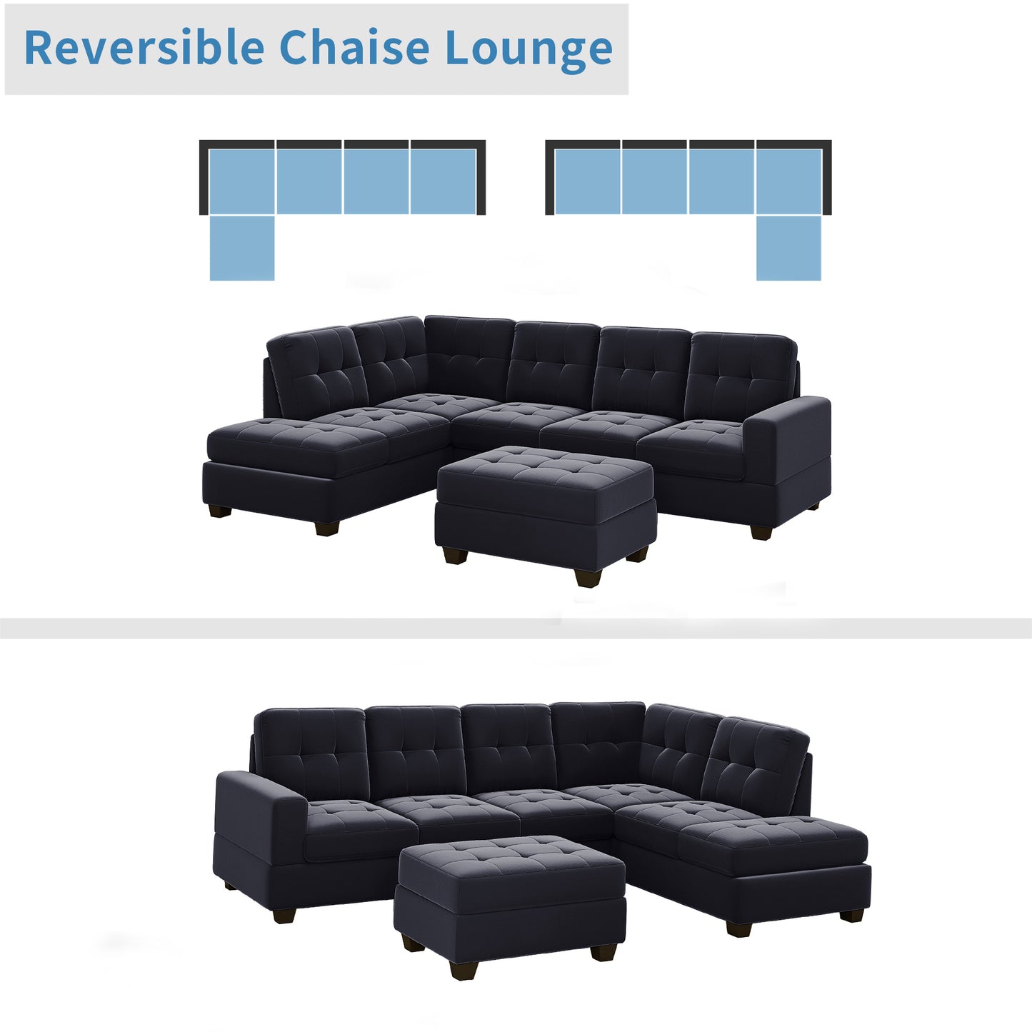 Modern Sectional Sofa with Reversible Chaise, L Shaped Couch Set with Storage Ottoman and Two Cup Holders for Living Room