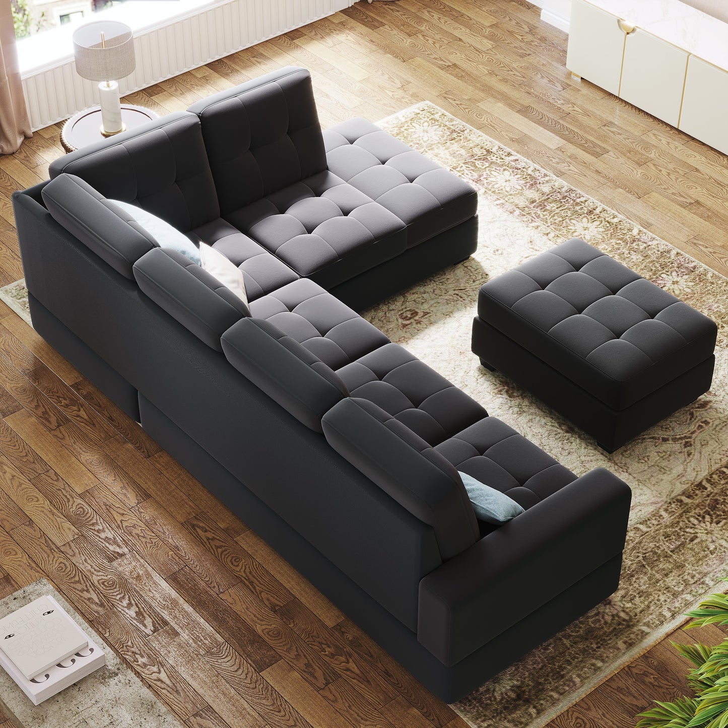 Modern Sectional Sofa with Reversible Chaise, L Shaped Couch Set with Storage Ottoman and Two Cup Holders for Living Room