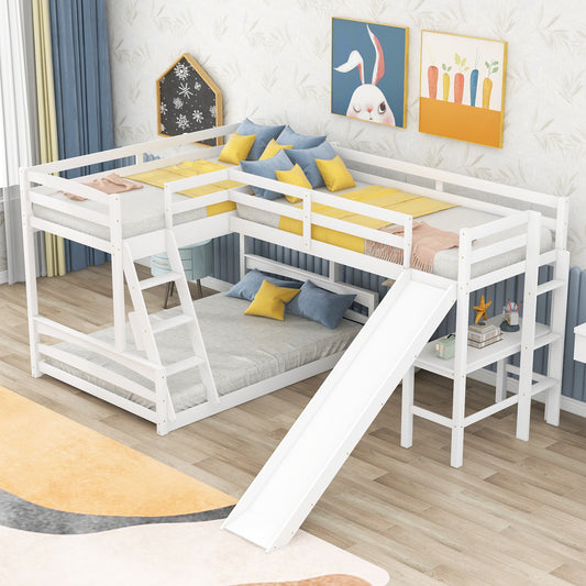 Twin over Full Bunk Bed with Twin Size Loft Bed with Desk and Slide, Full-Length Guardrail, White