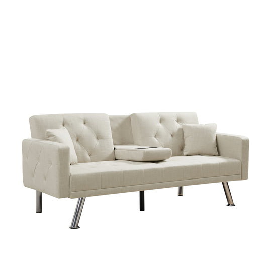 Square arm armrests, beige linen convertible sofa and daybed