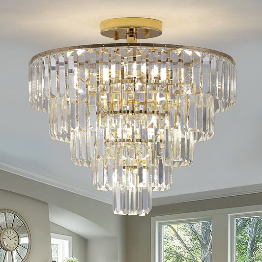 Gold Crystal Chandeliers, 5-Tier Round Semi Flush Mount Chandelier Light Fixture, Large Contemporary Luxury Ceiling Lighting for Living Room Dining Room Bedroom Hallway