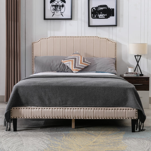 DongHeng Full Size Bed with Headboard, Modern Linen Curved Upholstered Platform Bed, Solid Wood Frame, Nailhead Trim, Beige
