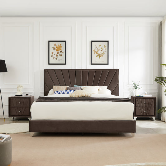 King bed with two nightstands, Beautiful line stripe cushion headboard, strong wooden slats + metal legs with Electroplate