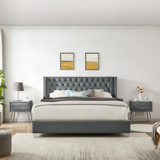 King bed with two nightstands, Button designed Headboard, strong wooden slats + metal legs with Electroplate