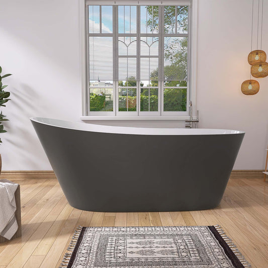 59" Acrylic Freestanding Bathtub, Matte Grey Modern Stand Alone Soaking Bathtub, Brushed Nickel Drain and Minimalist Linear Design Overflow Included Easy to Install