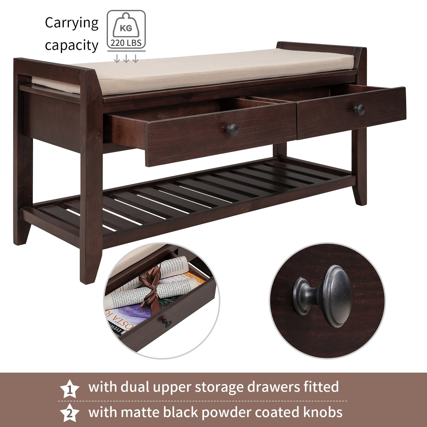 Shoe Rack with Cushioned Seat and Drawers, Multipurpose Entryway Storage Bench (Espresso)