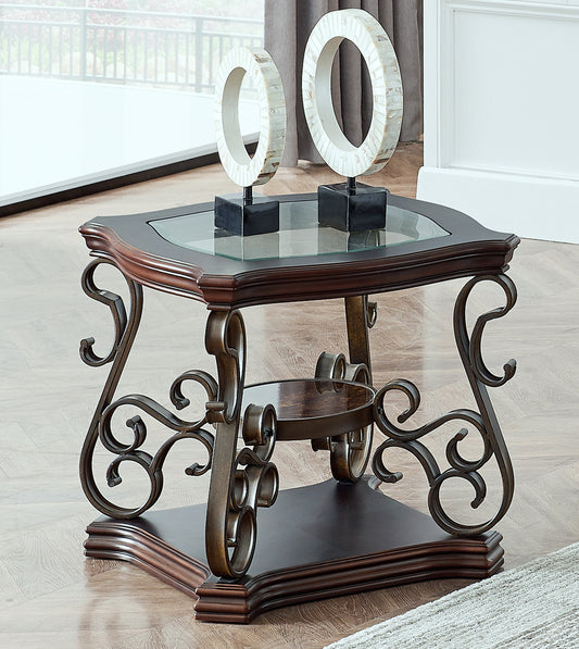 End table, Glass table top, MDF W/marble paper middle shelf, powder coat finish metal legs. (26.3" Lx26.3" Wx24" H)