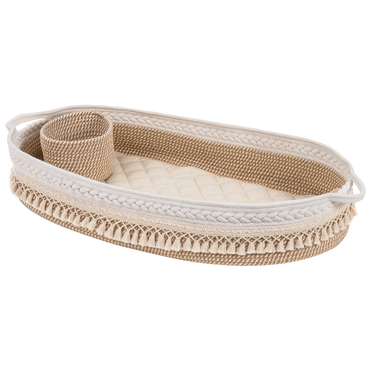 Baby Changing Basket, Handmade Woven Cotton Rope Moses Basket, Changing Table Topper with Mattress Pad (Beige&Brown)