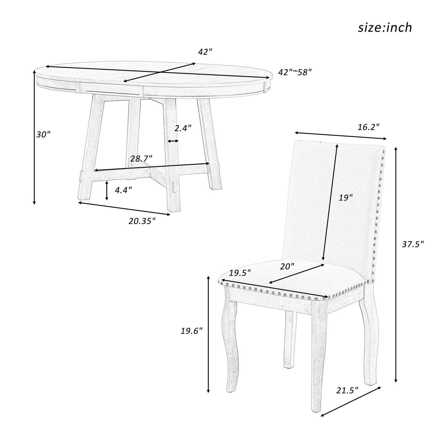 5-Piece Farmhouse Dining Table Set Wood Round Extendable Dining Table and 4 Upholstered Dining Chairs (Espresso)