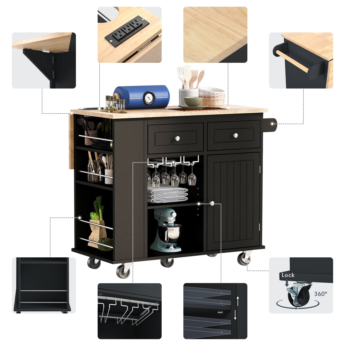 Kitchen Island with Power Outlet,Kitchen Storage Island with Drop Leaf and Rubber Wood,Open Storage and Wine Rack,5 Wheels,with Adjustable Storage for Home, Kitchen, and Dining Room, Black