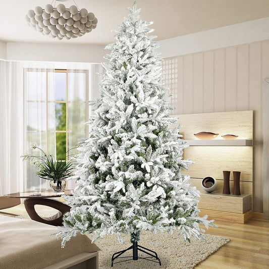 Snow Flocked Christmas Tree 7ft Artificial Hinged Pine Tree with White Realistic Tips Unlit