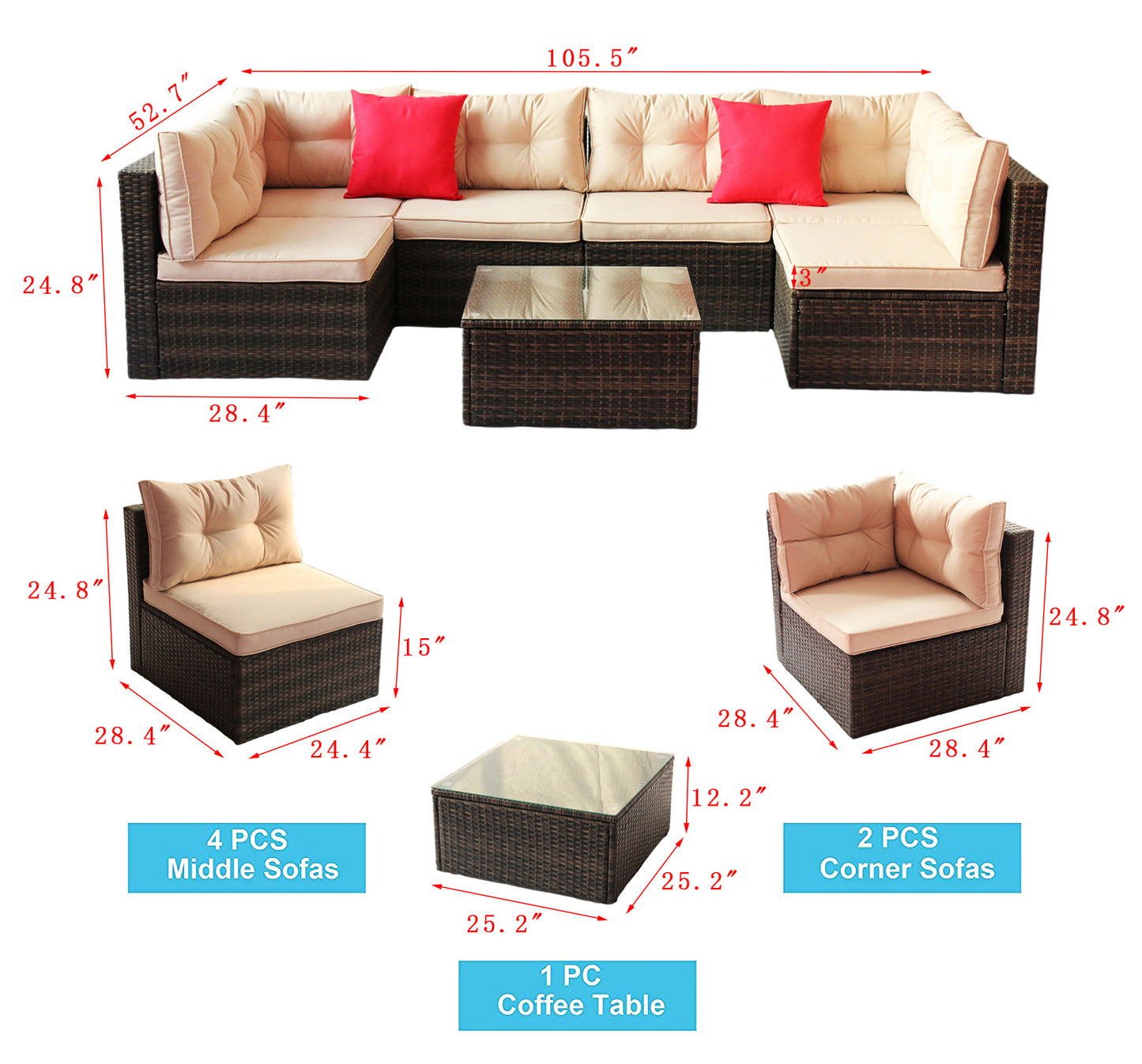 Patio Furniture Set PE Rattan Sectional Garden Furniture Corner Sofa Set (7 Pieces, Shallow brownCushion)