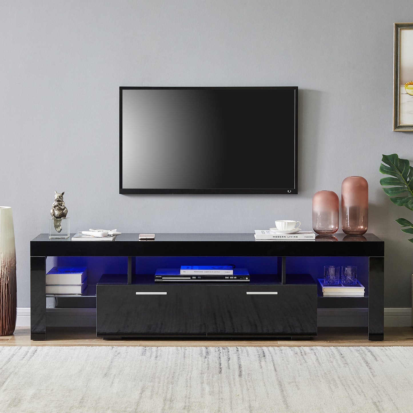 Black modern TV Stand with LED Lights, high glossy front TV Cabinet, can be assembled in Lounge Room, Living Room or Bedroom, color:black