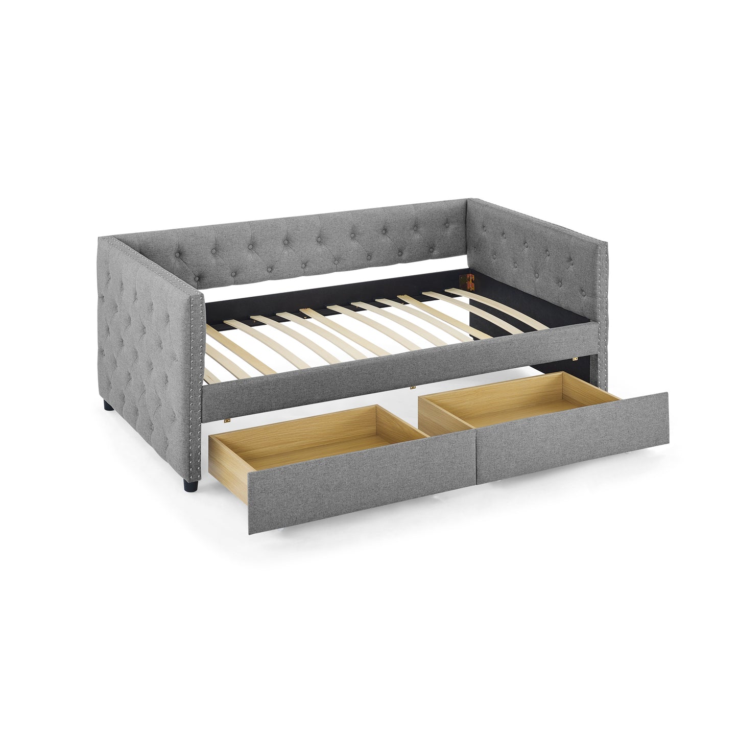 Upholstered Twin Size Daybed with Two Drawers, with Button and Copper Nail on Square Arms, Grey (82.75"x43"x30.75")