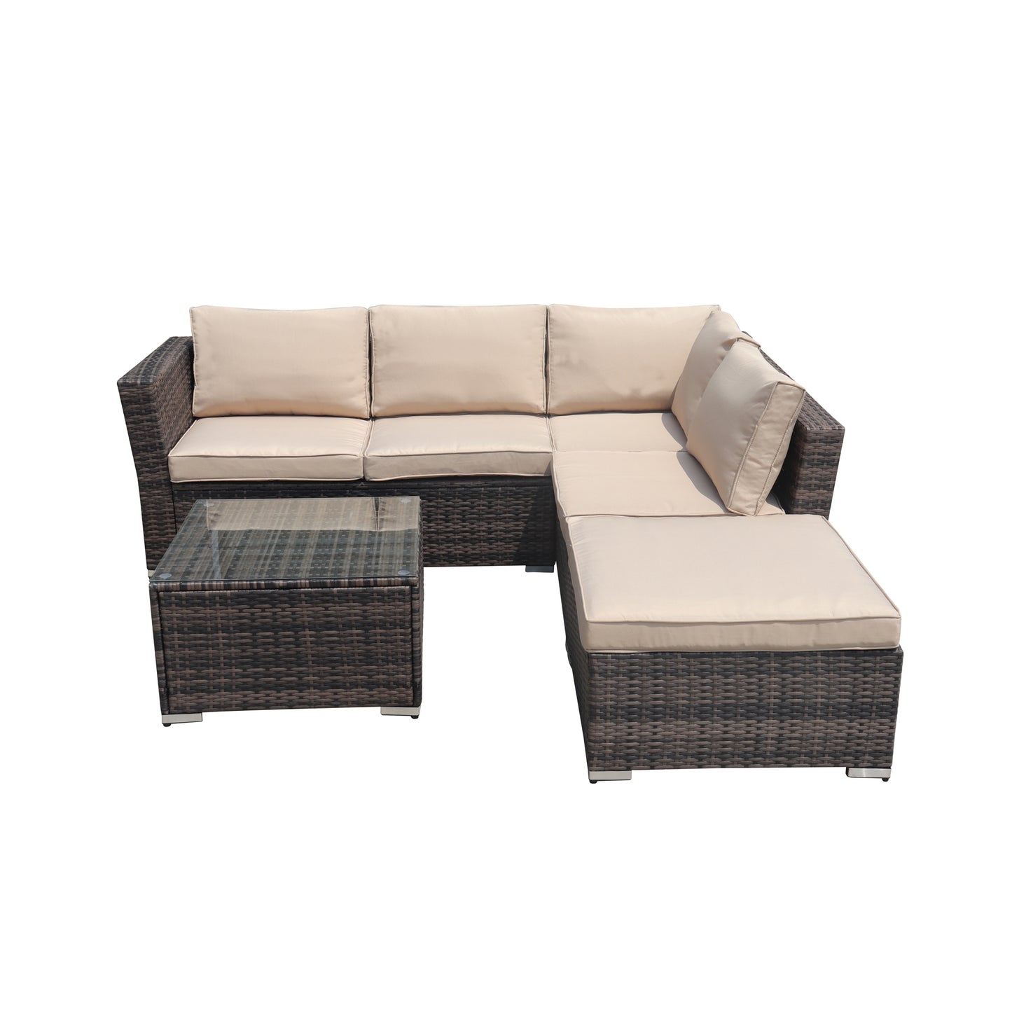 4-Piece Patio Wicker Furniture Set Outdoor Rattan Sectional Sofa, All-Weather Brown Wicker Rattan Chair with Tempered Glass Table