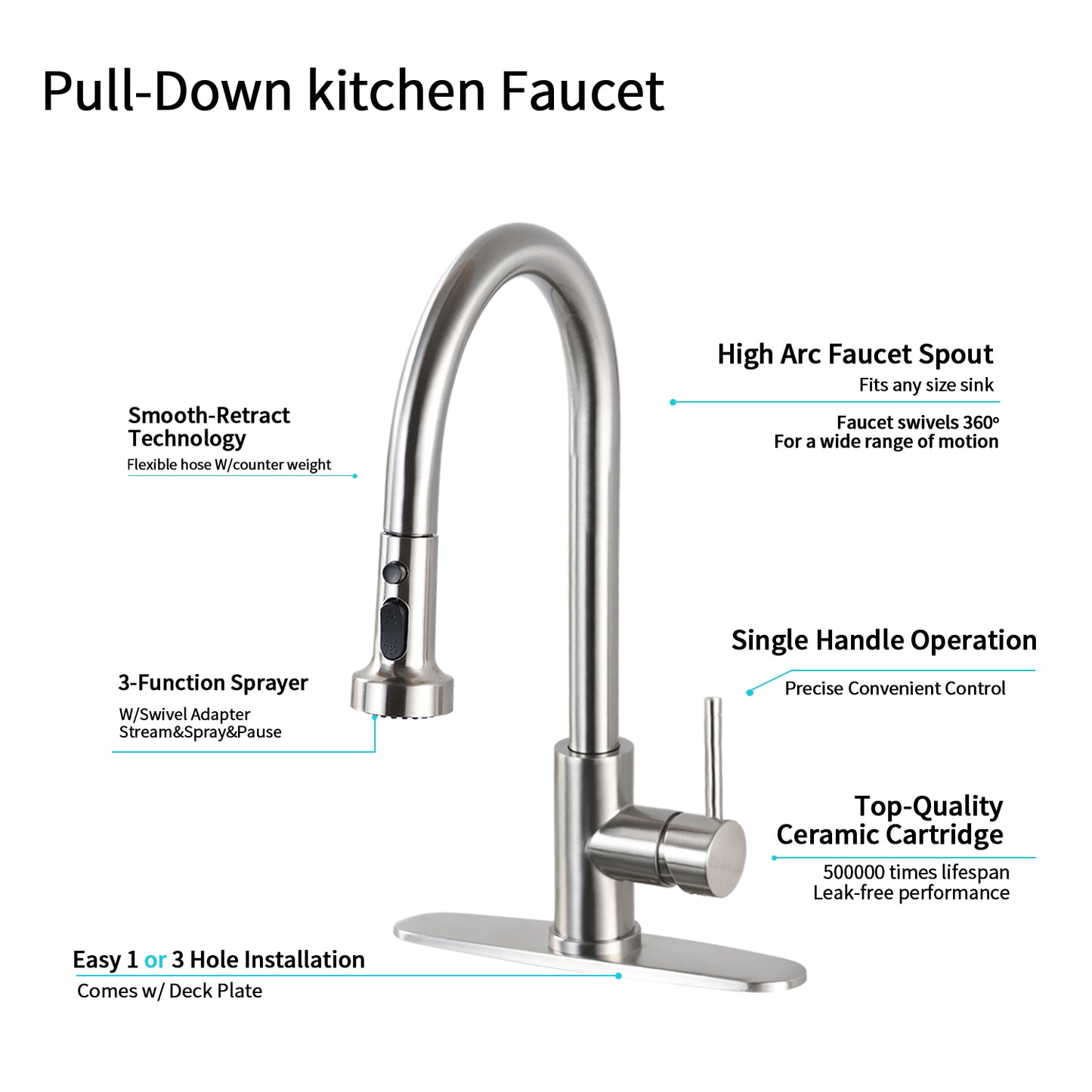 Stainless Steel Pull Down Kitchen Faucet with Soap Dispenser Brushed Nickel