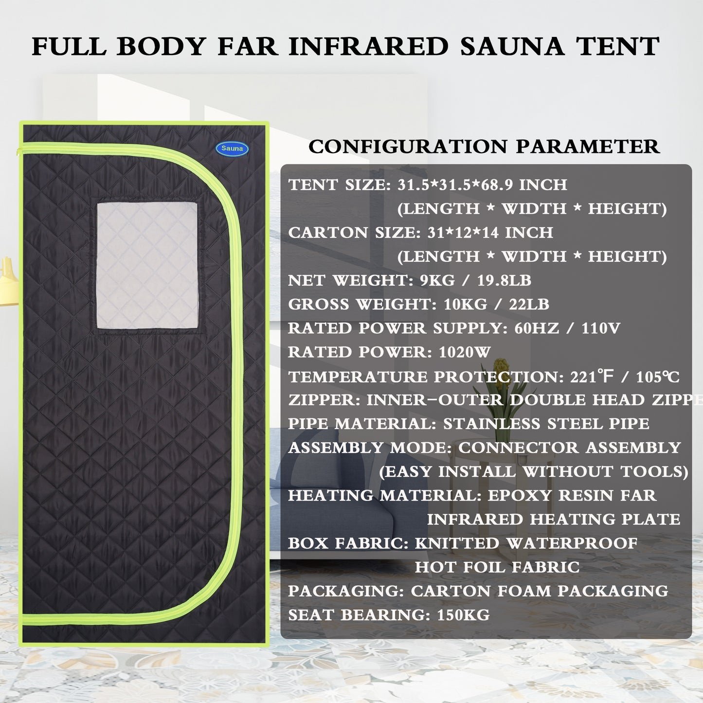 Portable Plus Type Full Size Far Infrared Sauna tent. Spa, Detox, Therapy and Relaxation at home.Larger Space, Stainless Steel Pipes Connector Easy to Install, with FCC Certification--Black