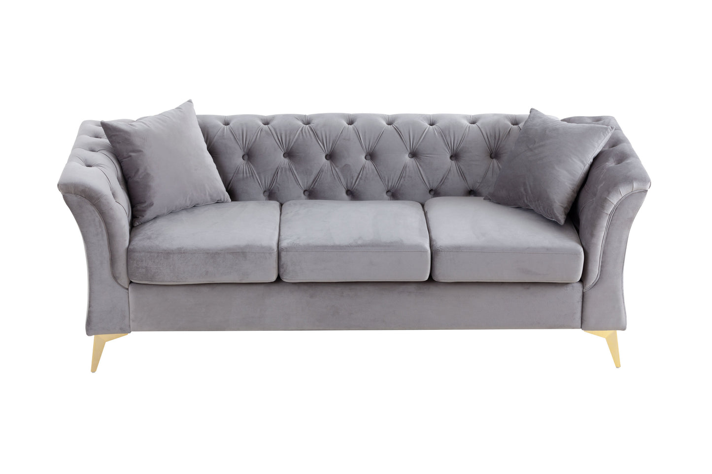 Modern Chesterfield Curved Sofa Tufted Velvet Couch 3 Seat Button Tufed Couch with Scroll Arms and Gold Metal Legs Grey