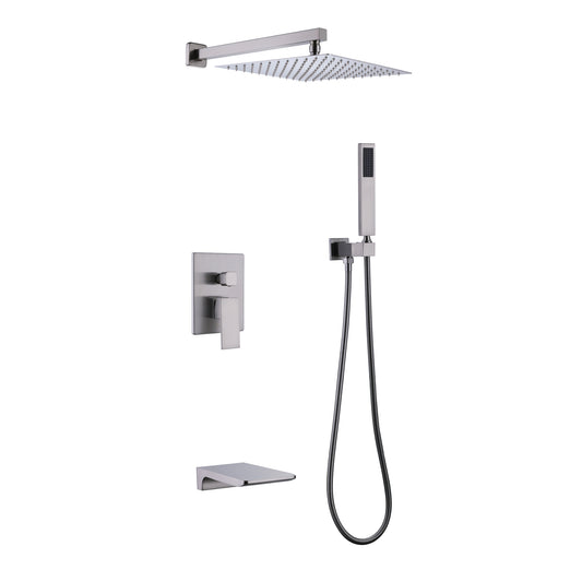 Wall Mounted Square Rainfall Pressure Balanced Complteted Shower System with Rough-in Valve, 3 Function, 10 inches Brushed Nickel - 3W02