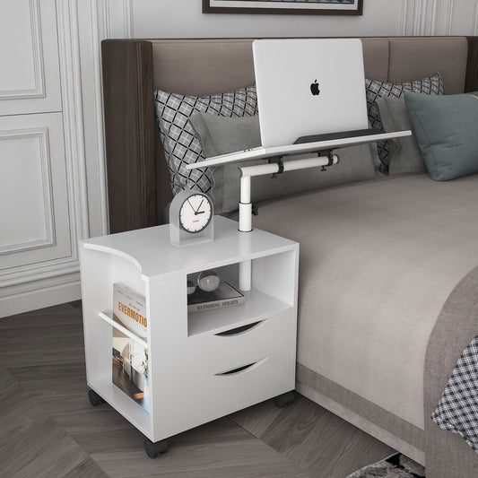 Height Adjustable Overbed End Table Wooden Nightstand with Swivel Top, Storage Drawers, Wheels and Open Shelf,(White)