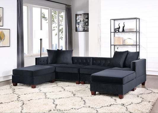 Black Velvet Fabric Sectional 2x Reversible L/R Chaise and 2x Ottomans Plywood Couch Living Room Furniture