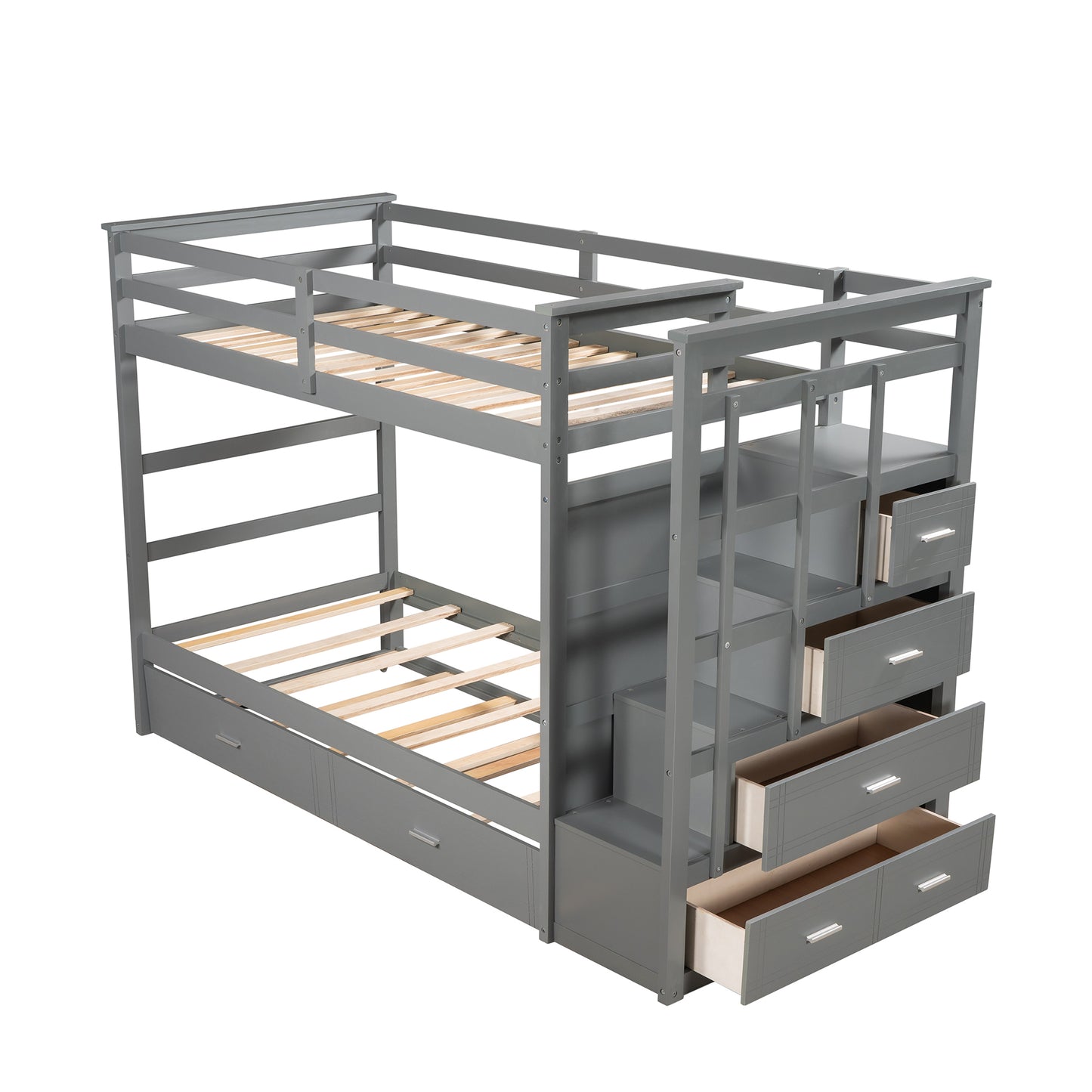 Solid Wood Bunk Bed, Hardwood Twin Over Twin Bunk Bed with Trundle and Staircase, Natural Gray Finish